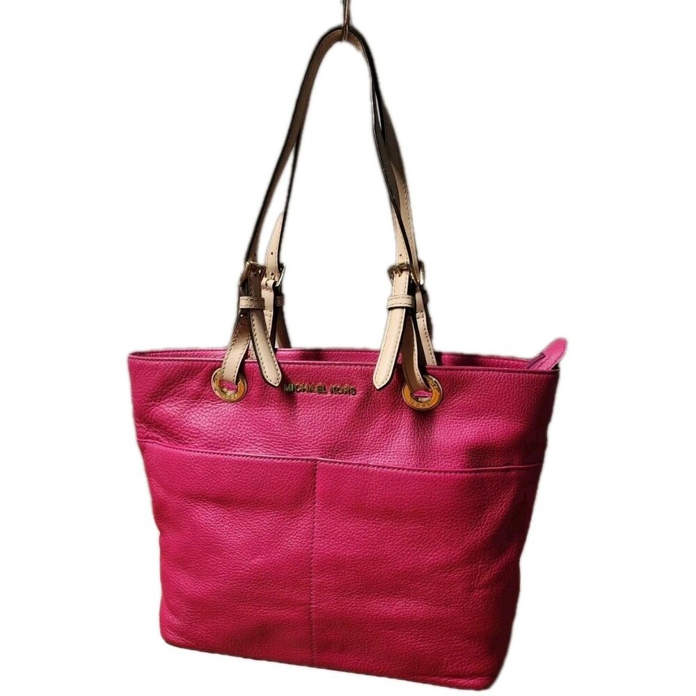 Michael Kors Pink Pebbled Leather Tan Straps Gold Hardware Tote